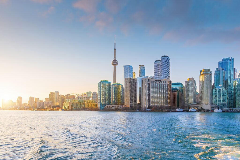 Toronto, Ontario, Canada cityscape on Lake Ontario at dusk