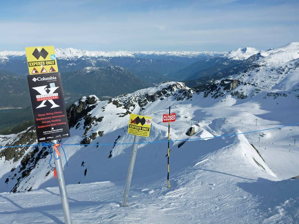 Blackcomb Mountain, Whistler BC. This is slightly above the normal entrance to Couloir Extreme (aka 'Saudan Couloir') which is around the corner behind the 'closed' sign