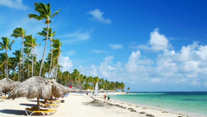 Caribbean tourist resort beach fringed grass umbrellas and beach chairs.